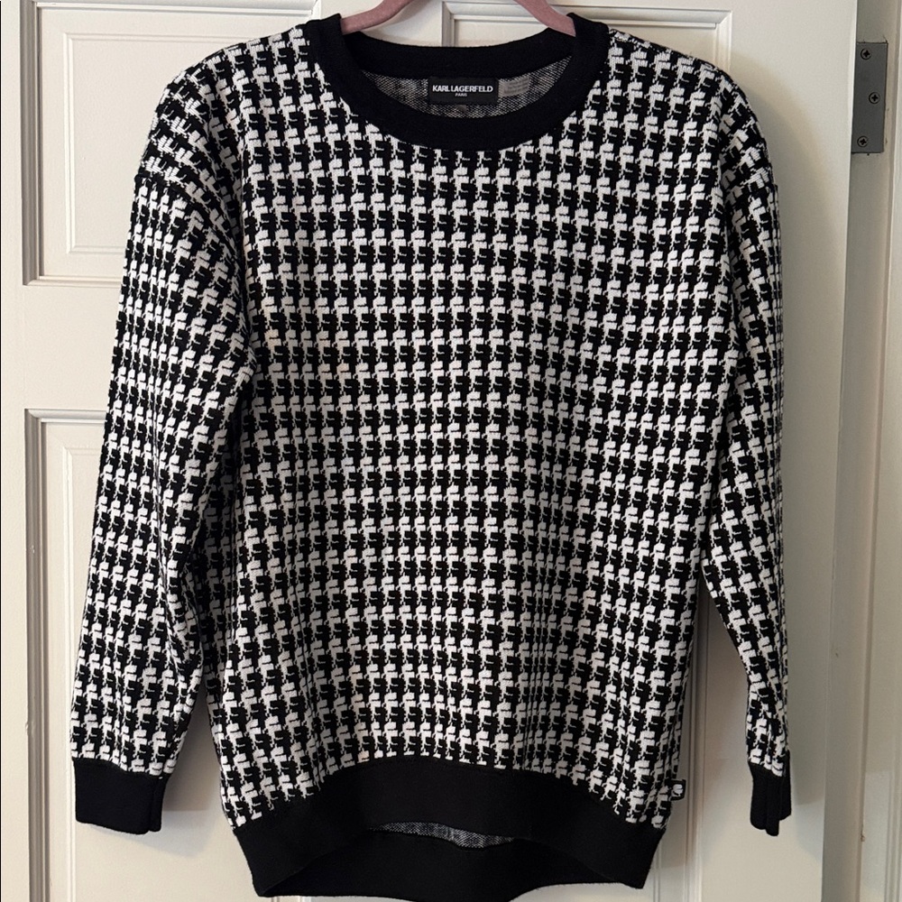 Karl Lagerfeld Black and White Houndstooth Crewneck Sweater
